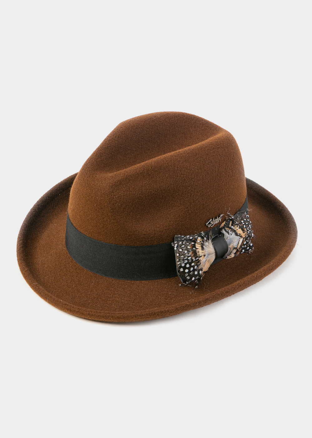Brown Winter Hat w/ Black Hatband and Feathers Brown Winter Hat w/ Black Hatband and Feathers - Image 1