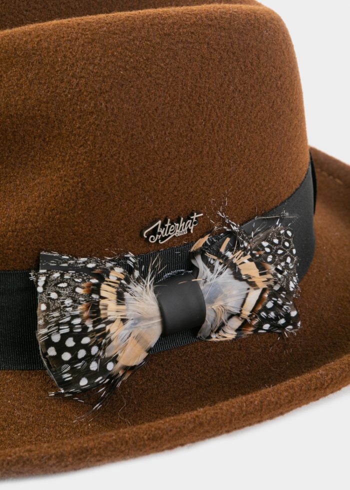 Brown Winter Hat w/ Black Hatband and Feathers - Image 3