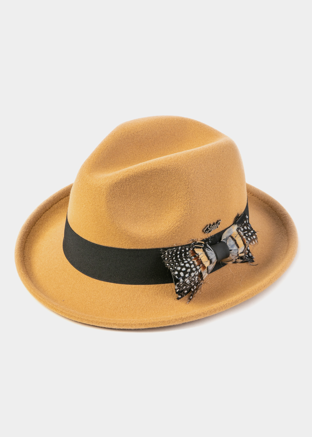 Camel Winter Hat w/ Black Hatband and Feathers Camel Winter Hat w/ Black Hatband and Feathers - Image 1