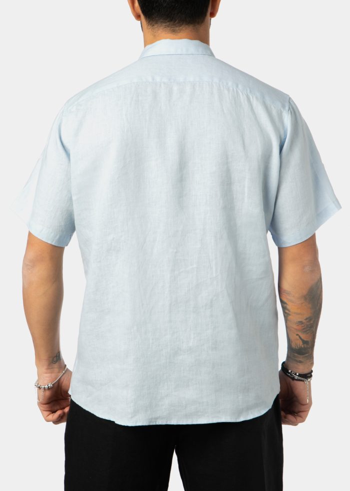 100% Linen Light Blue Classic Shirt w/ Short Sleeves - Image 2