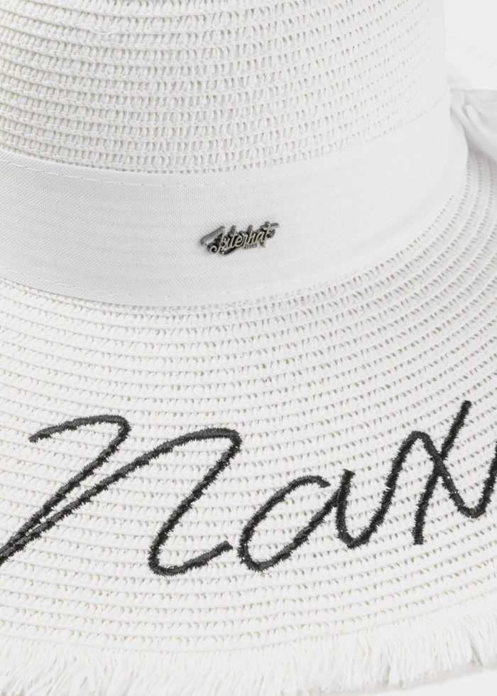 White "Naxos" Straw Hat w/ White Ribbon - Image 3