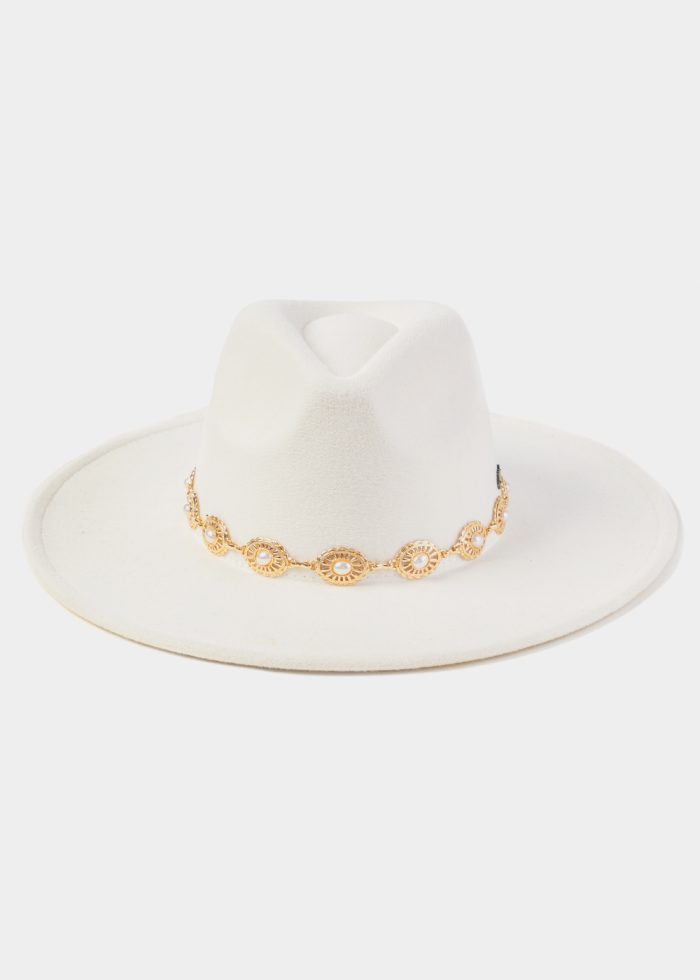 White Winter Hat w/ Gold Decorative Chain - Image 2