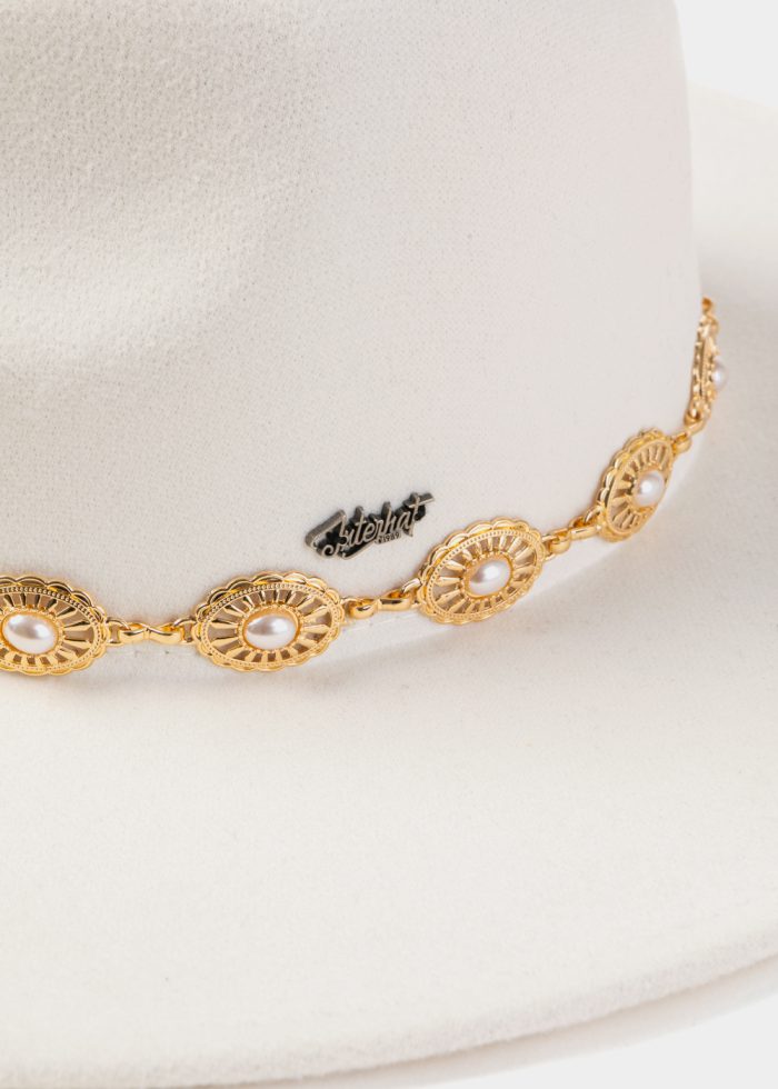 White Winter Hat w/ Gold Decorative Chain - Image 3