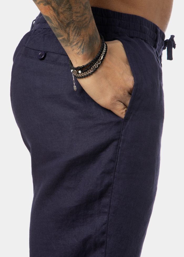 100% Linen Navy Blue Classic Shorts - Image 4