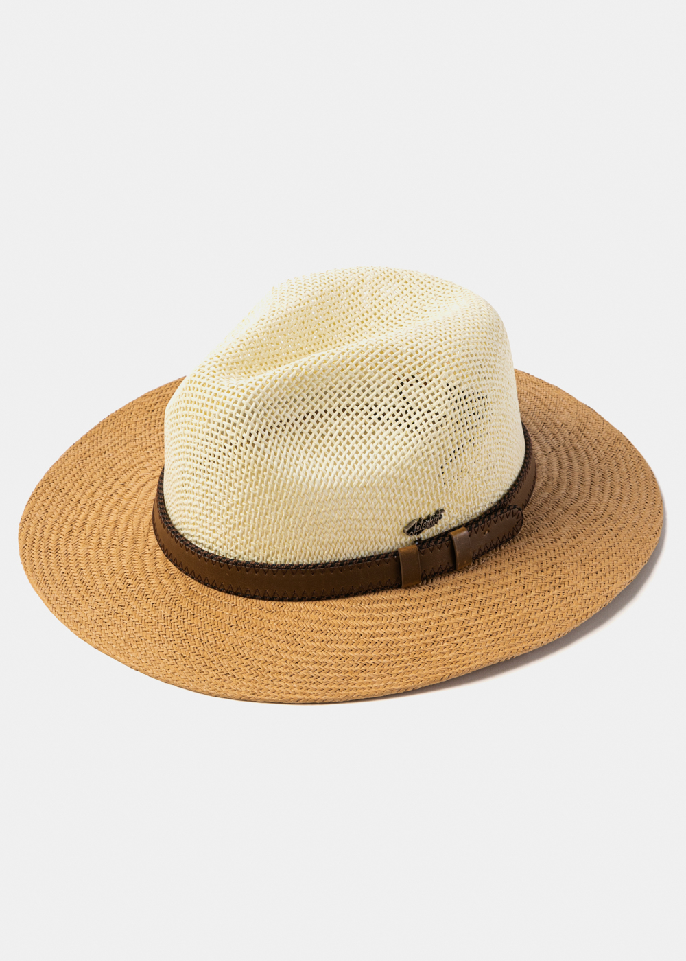 Beige & Brown Panama Style Hat w/ Leather Belt Beige & Brown Panama Style Hat w/ Leather Belt - Image 1