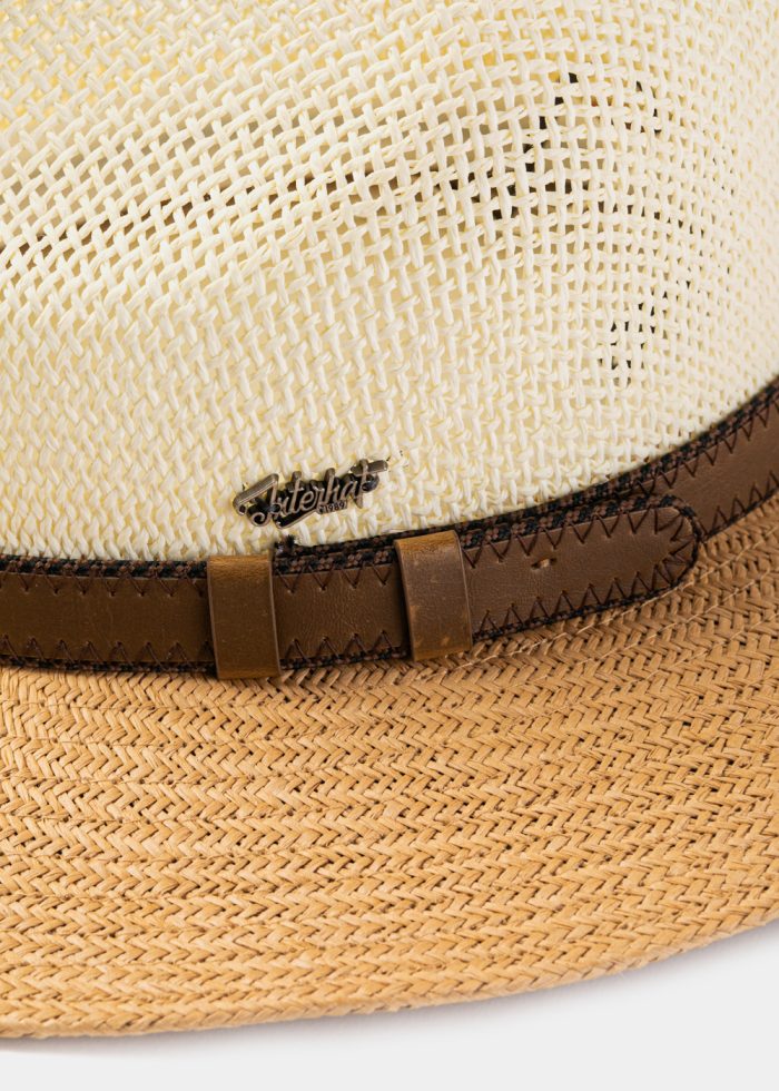 Beige & Brown Panama Style Hat w/ Leather Belt - Image 3