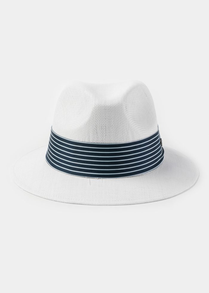 White Panama Style Hat w/ Striped Hatband - Image 2