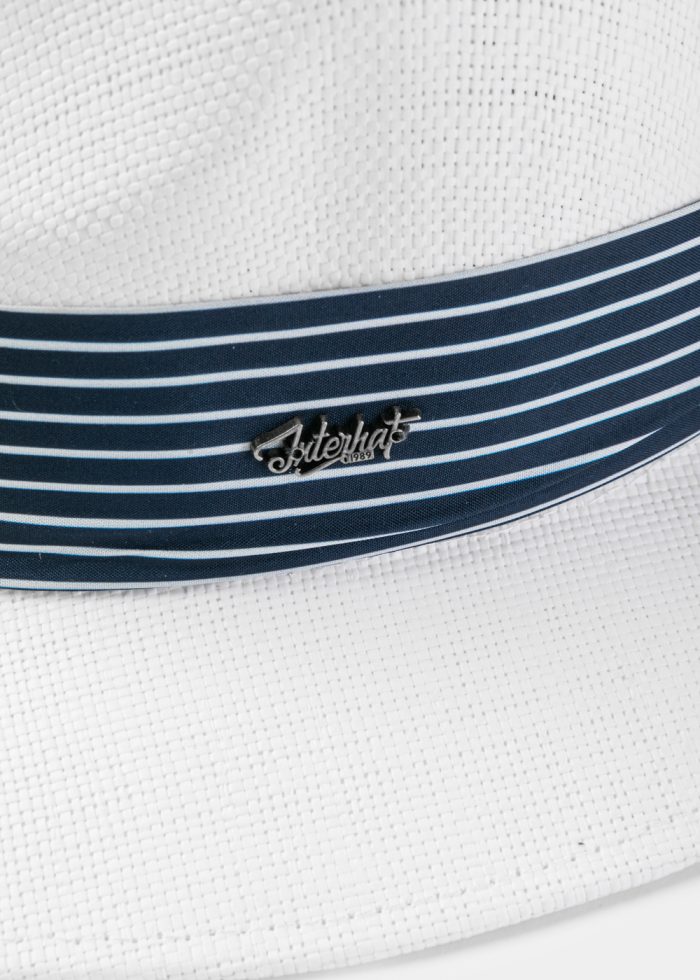 White Panama Style Hat w/ Striped Hatband - Image 3