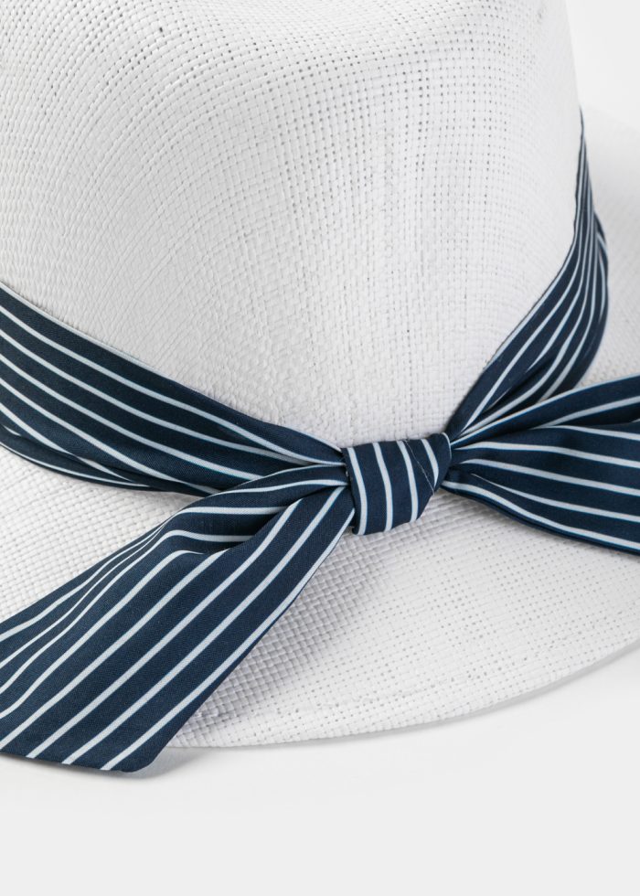 White Panama Style Hat w/ Striped Hatband - Image 4