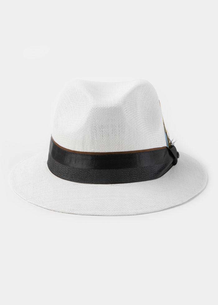 White Panama Style Hat w/ Black Hatband & Feathers - Image 2