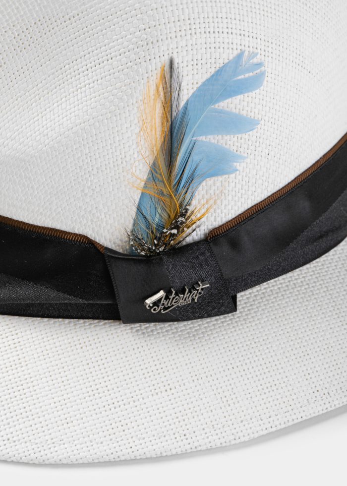 White Panama Style Hat w/ Black Hatband & Feathers - Image 3