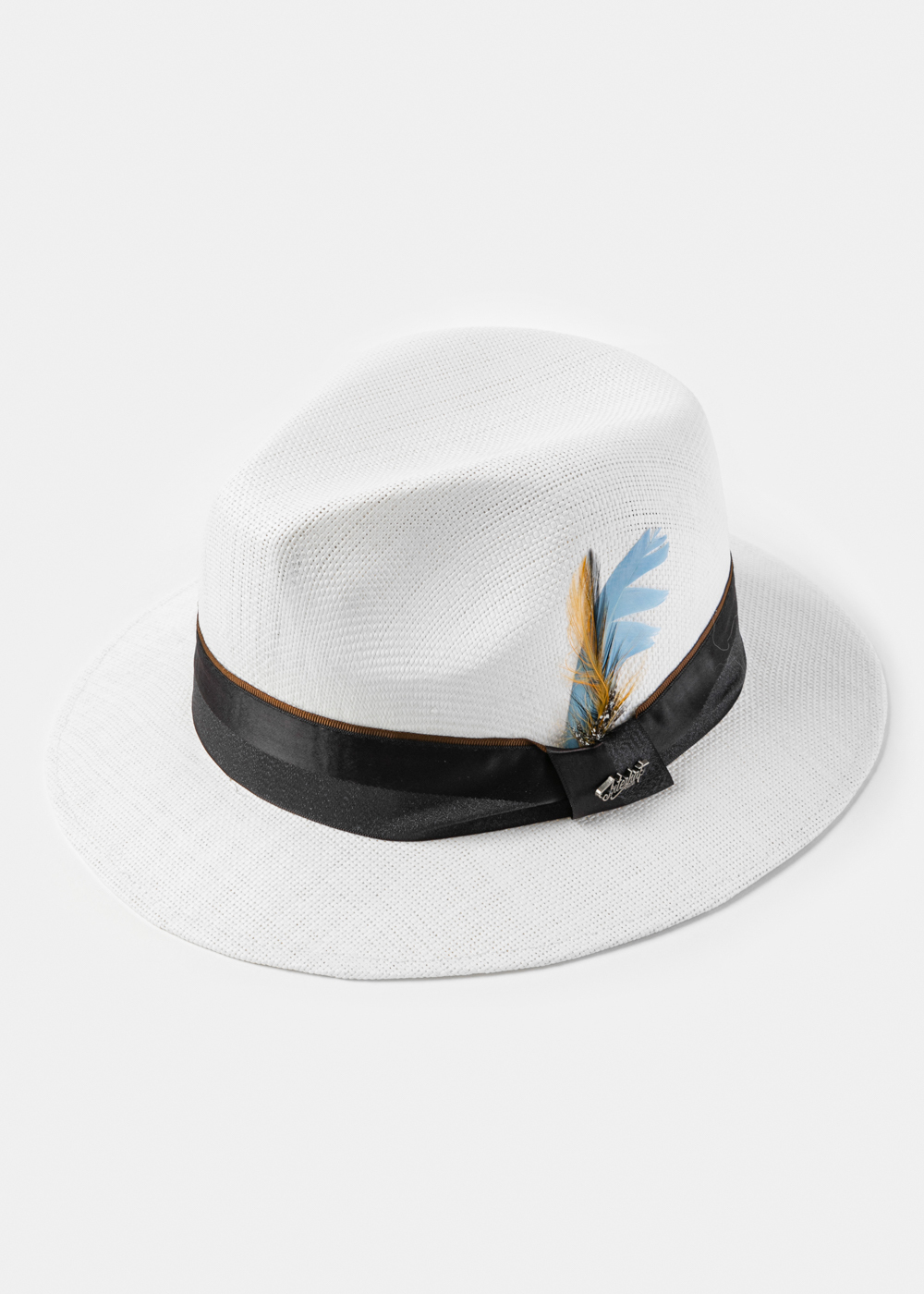 White Panama Style Hat w/ Black Hatband & Feathers White Panama Style Hat w/ Black Hatband & Feathers - Image 1