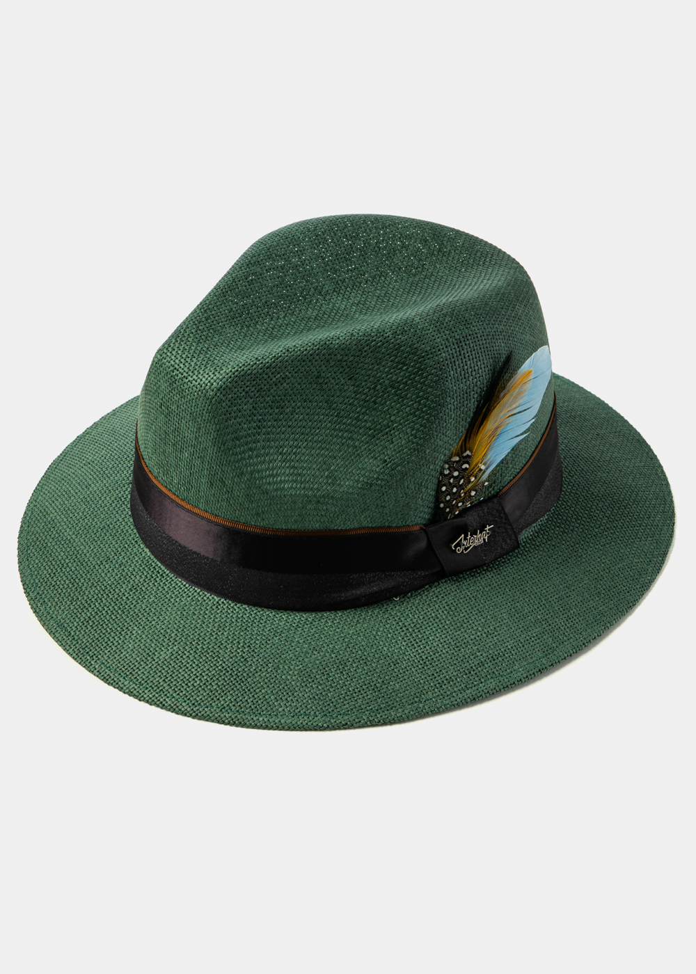 Forest Green Panama Style Hat w/ Black Ηatband & Feathers Forest Green Panama Style Hat w/ Black Ηatband & Feathers - Image 1
