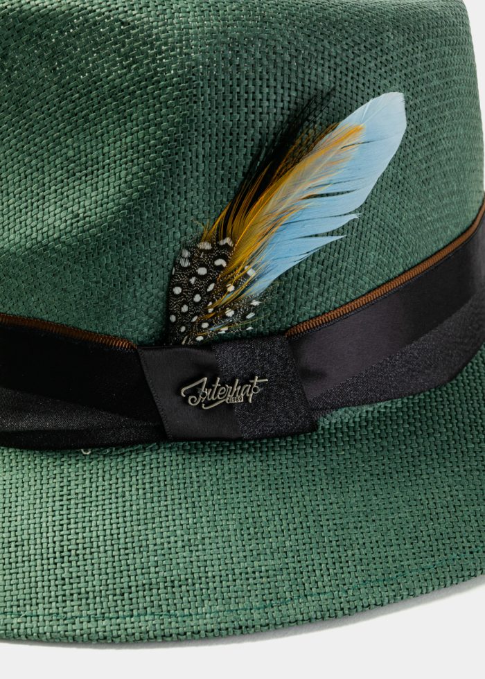 Forest Green Panama Style Hat w/ Black Ηatband & Feathers - Image 3