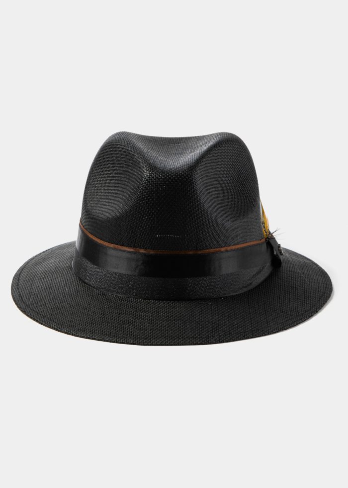 Black Panama Style Hat w/ Black Ηatband & Feathers - Image 2