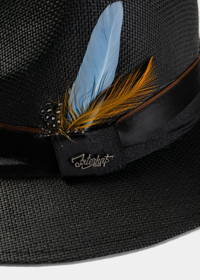 Black Panama Style Hat w/ Black Ηatband & Feathers - Image 3