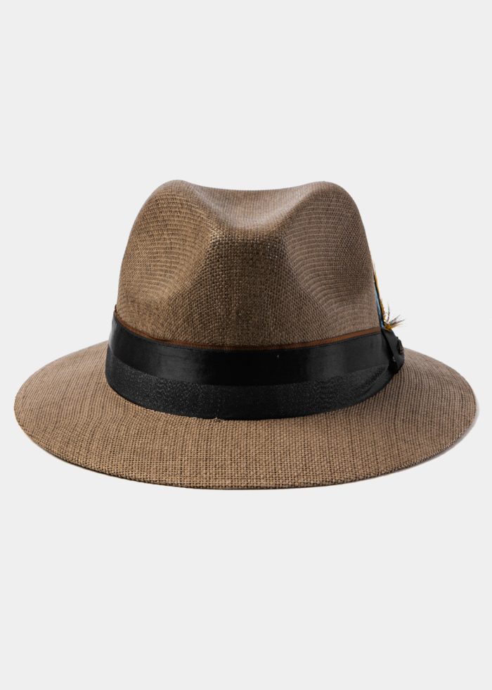 Brown Panama Style Hat w/ Black Ηatband & Feathers - Image 2