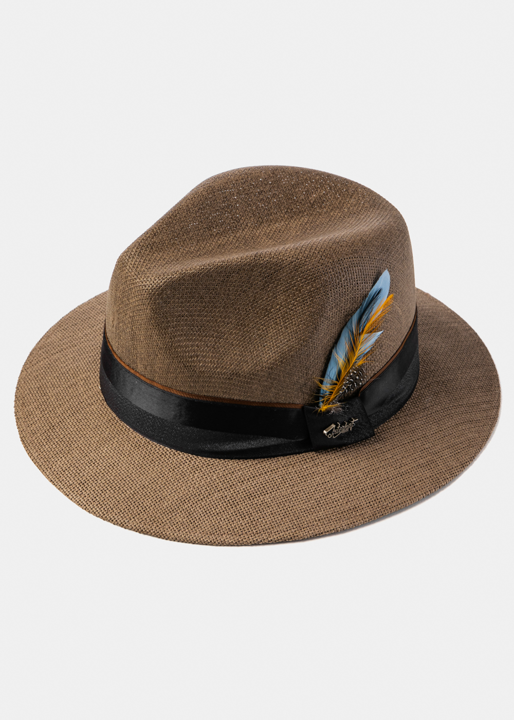 Brown Panama Style Hat w/ Black Ηatband & Feathers Brown Panama Style Hat w/ Black Ηatband & Feathers - Image 1