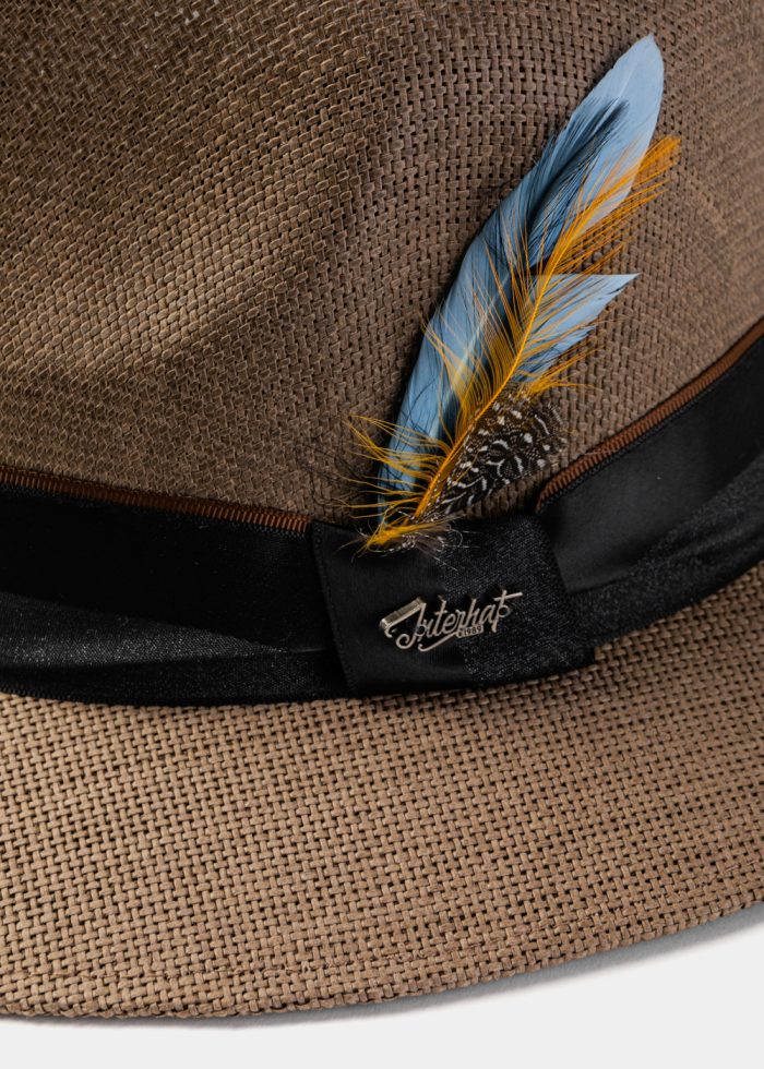 Brown Panama Style Hat w/ Black Ηatband & Feathers - Image 3