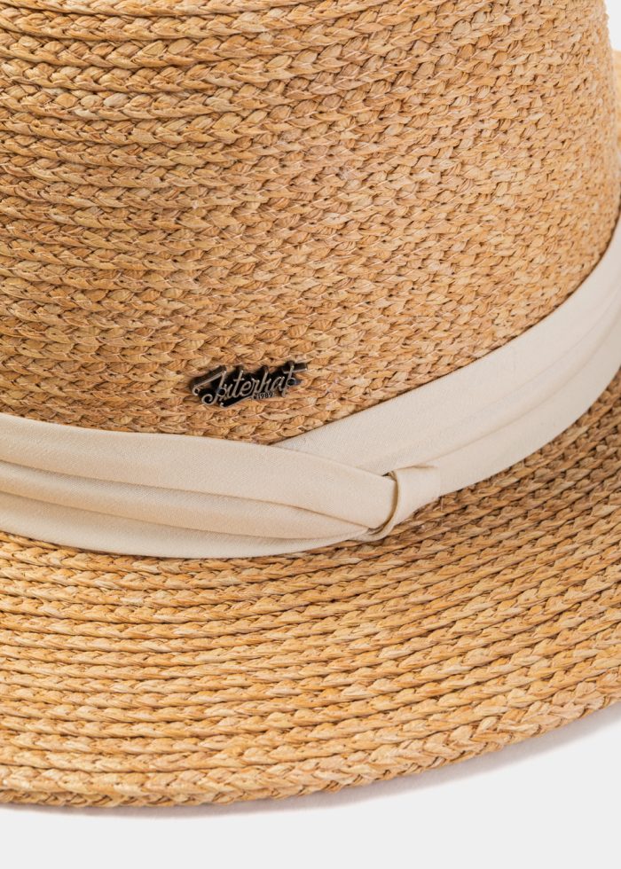 Natural Raffia Panama Style Hat w/ Beige Hatband - Image 3