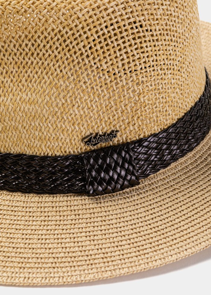 Beige Panama Style Hat w/ Leather Braided Hatband - Image 3