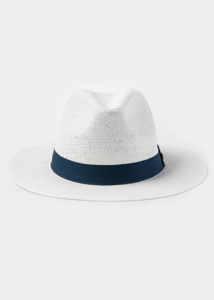 White Panama Style Hat w/ Navy Blue Hatband - Image 2