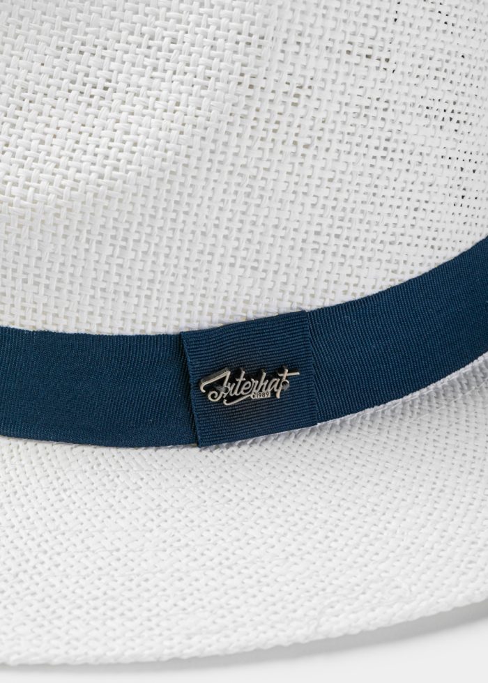 White Panama Style Hat w/ Navy Blue Hatband - Image 3
