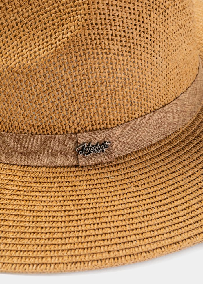 Brown Panama Style Hat w/ Hatband in Tone - Image 3