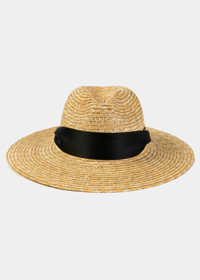 Natural Straw Panama Style Hat w/ Black Neck Tie Ribbon - Image 2