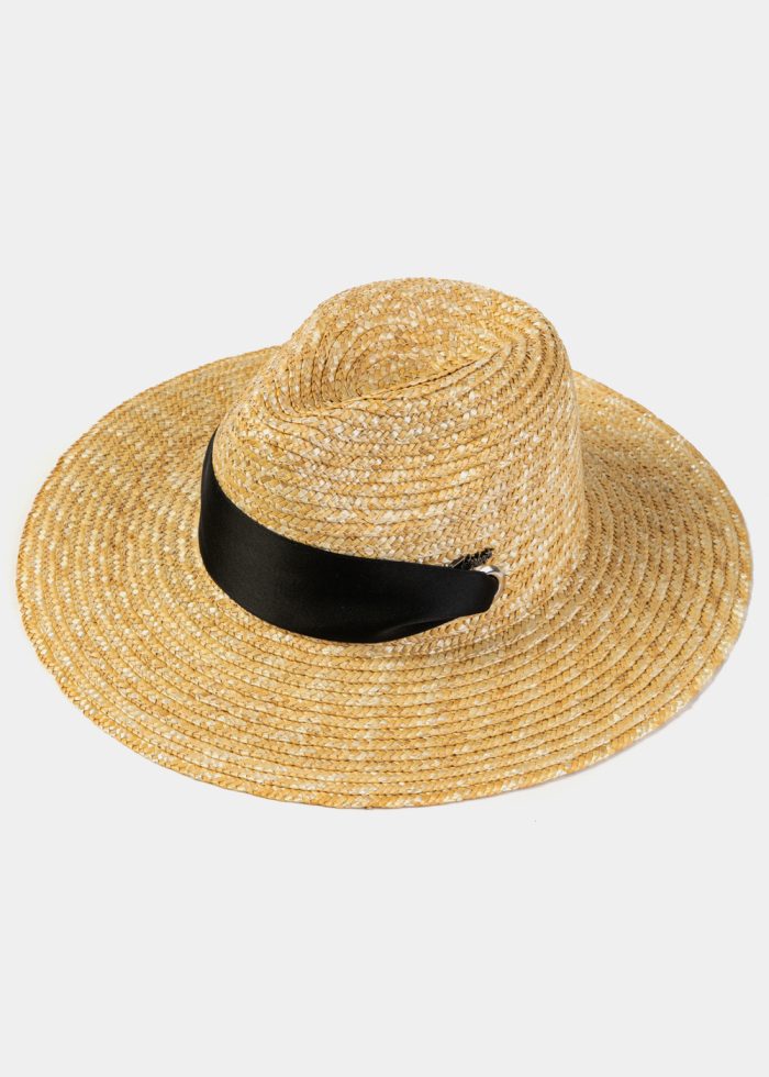 Natural Straw Panama Style Hat w/ Black Neck Tie Ribbon - Image 3