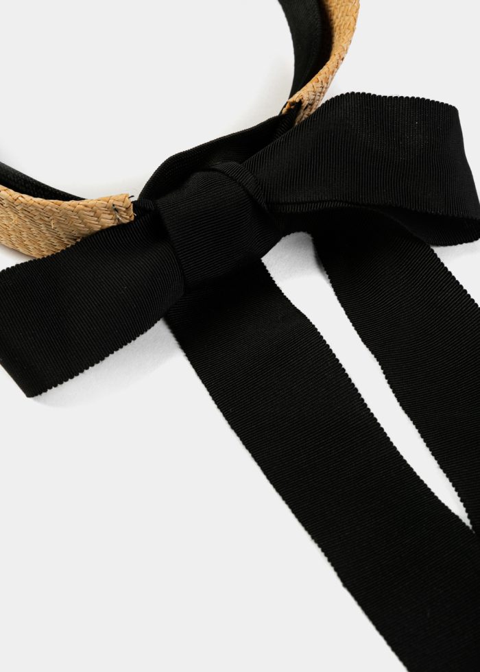 Raffia Natural Headband w/ Black Tie Ribbon - Image 6
