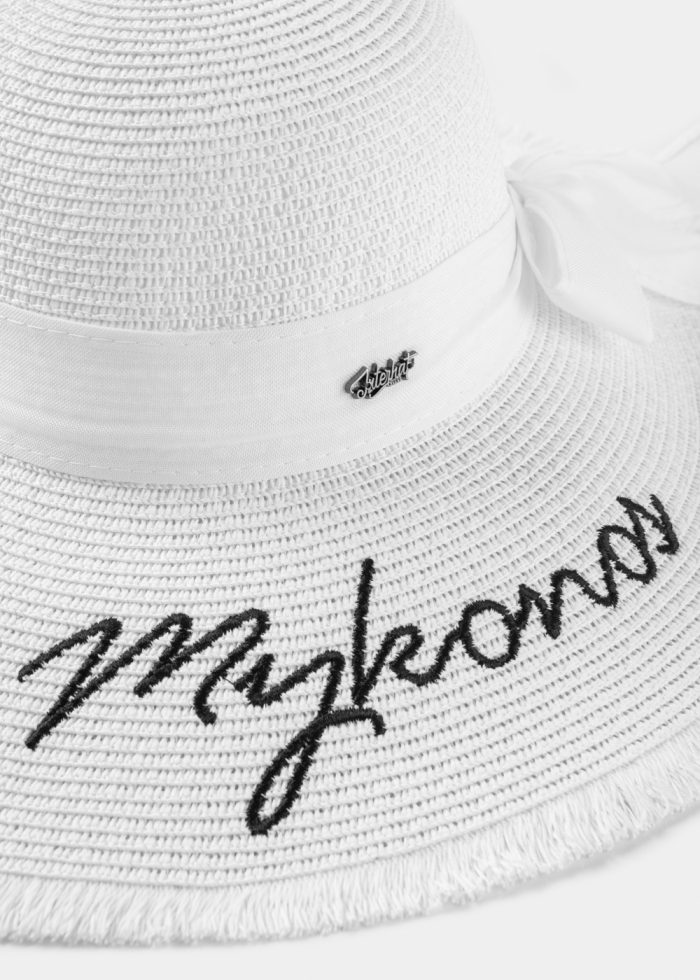White "Mykonos" Straw Hat w/ White Ribbon - Image 3