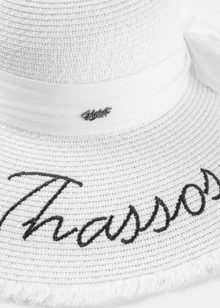 White "Thassos" Straw Hat w/ White Ribbon - Image 3