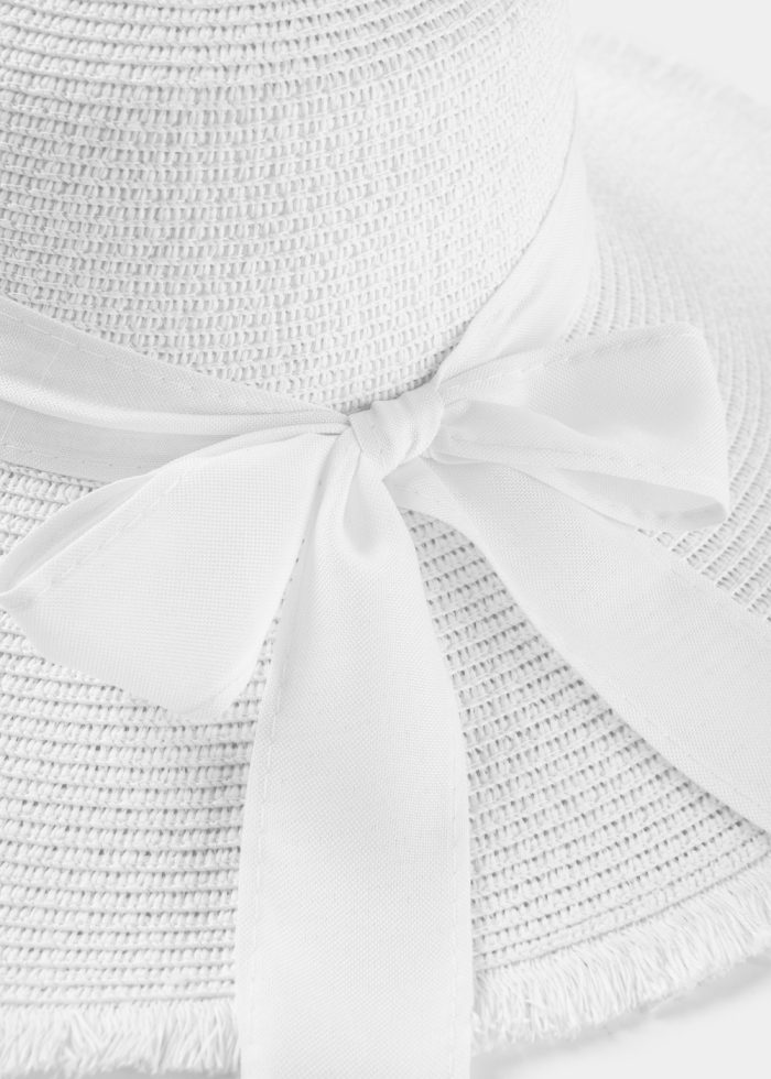 White "Thassos" Straw Hat w/ White Ribbon - Image 4