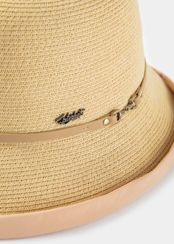 Beige Straw Hat w/ Cotton Lining & Leather Detail - Image 3