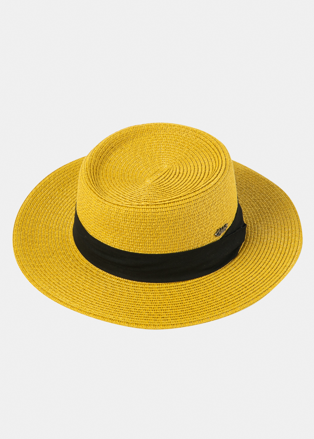 Mustard Boater Hat w/ Black Ribbon Mustard Boater Hat w/ Black Ribbon - Image 1