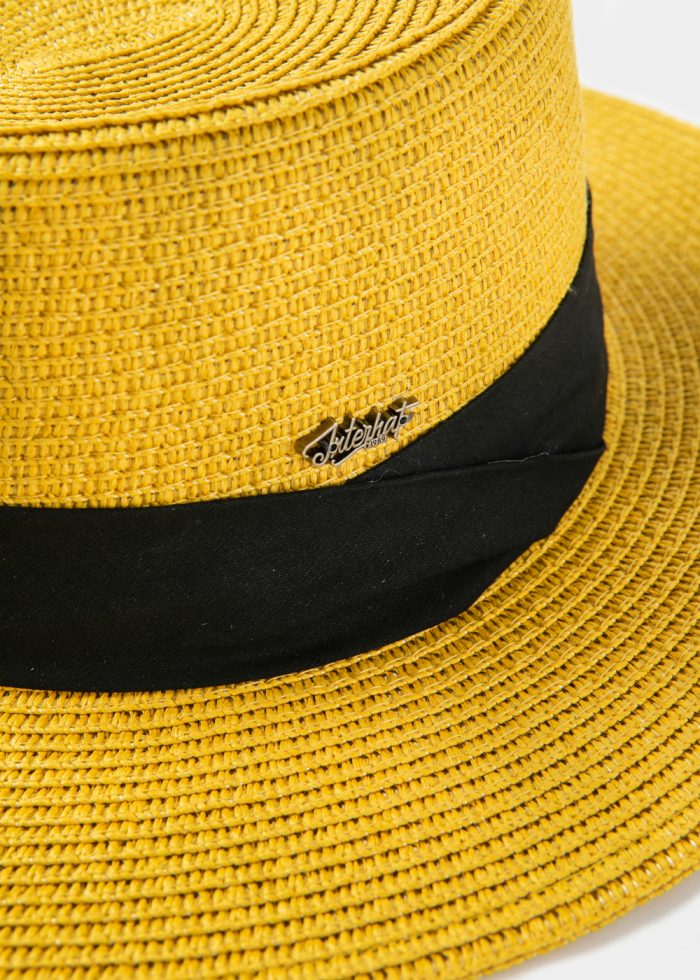 Mustard Boater Hat w/ Black Ribbon - Image 4