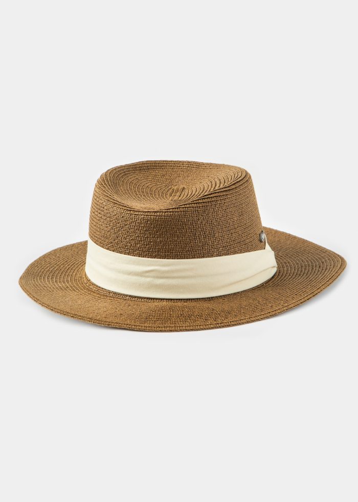 Brown Boater Hat w/ Ecru Ribbon - Image 2