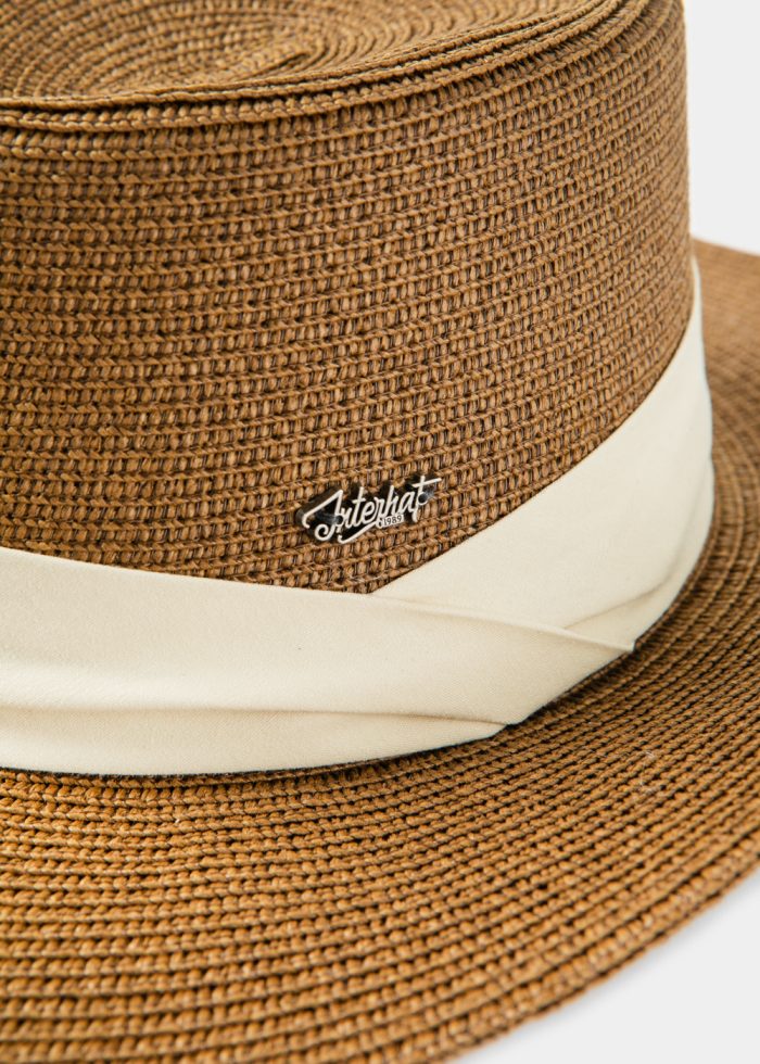 Brown Boater Hat w/ Ecru Ribbon - Image 3