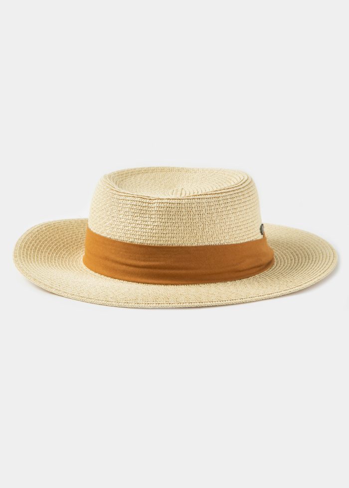 Beige Boater Hat w/ Camel Ribbon - Image 2