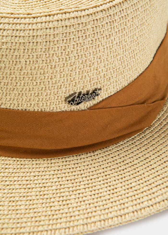 Beige Boater Hat w/ Camel Ribbon - Image 3