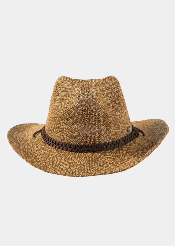 Brown Raffia Cowboy Style Hat w/ brown braided hatband & neck cord - Image 3