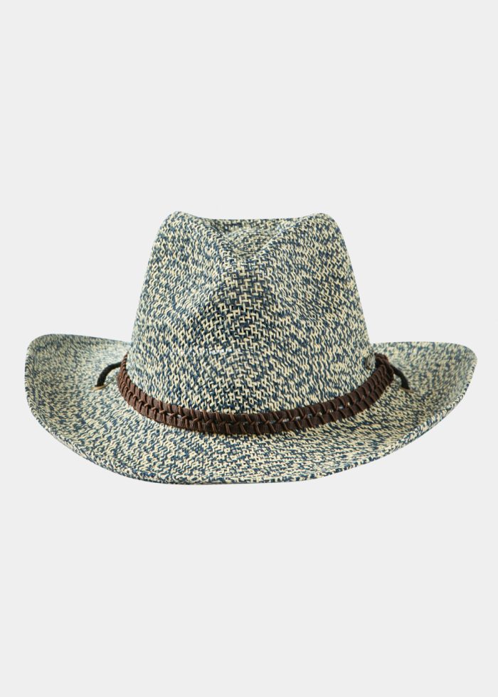 Blue Raffia Cowboy Style Hat w/ brown braided hatband & neck cord - Image 2