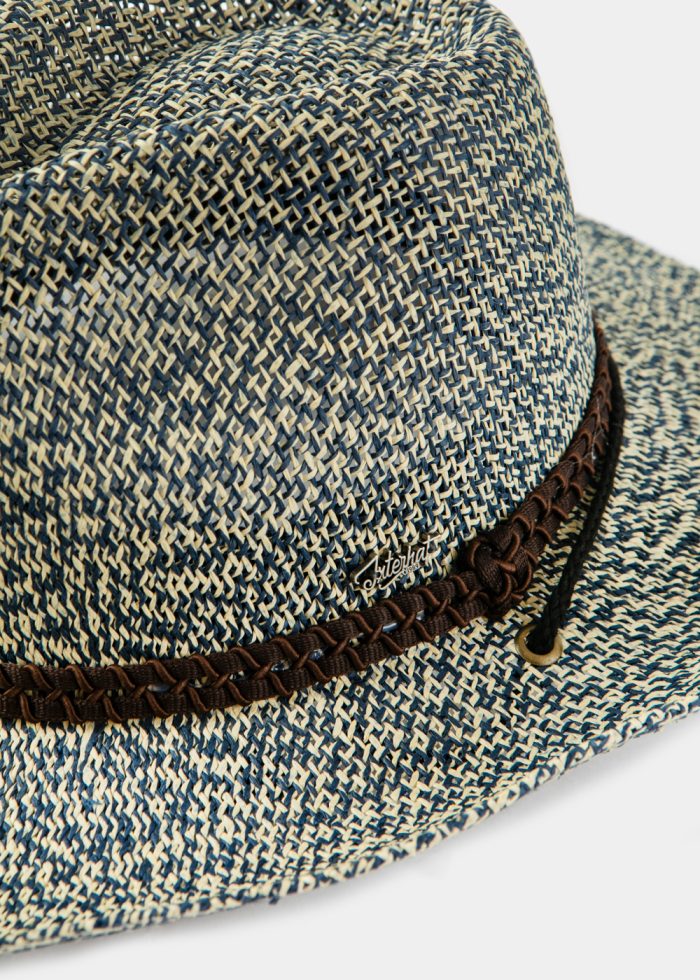 Blue Raffia Cowboy Style Hat w/ brown braided hatband & neck cord - Image 3