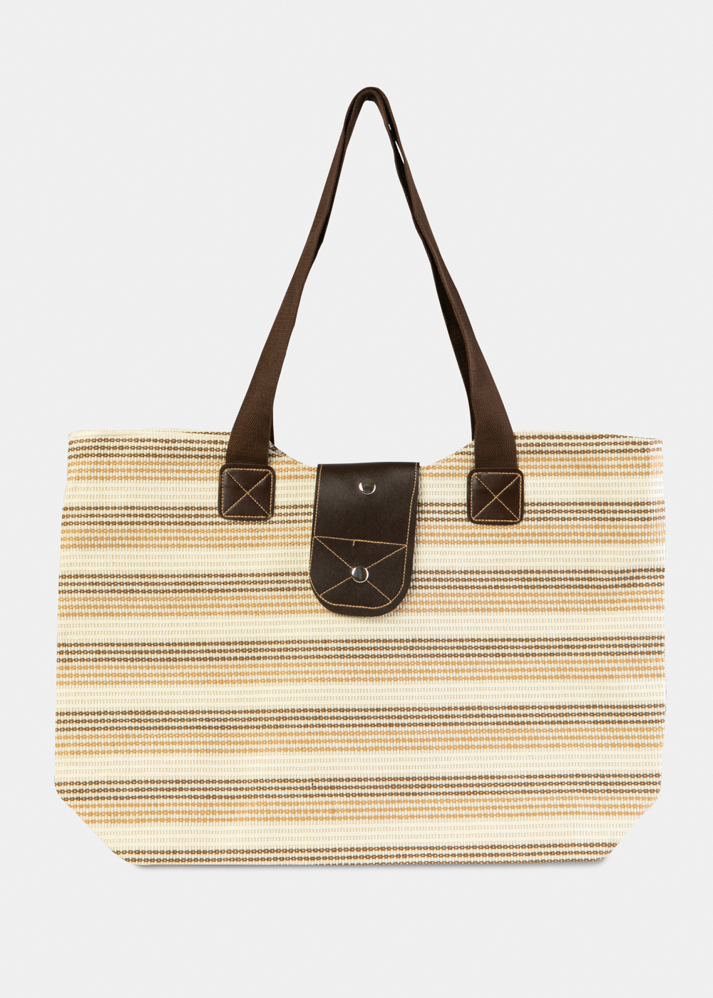 Brown Striped Beach Bag w/ Leatherette Details Brown Striped Beach Bag w/ Leatherette Details - Image 1
