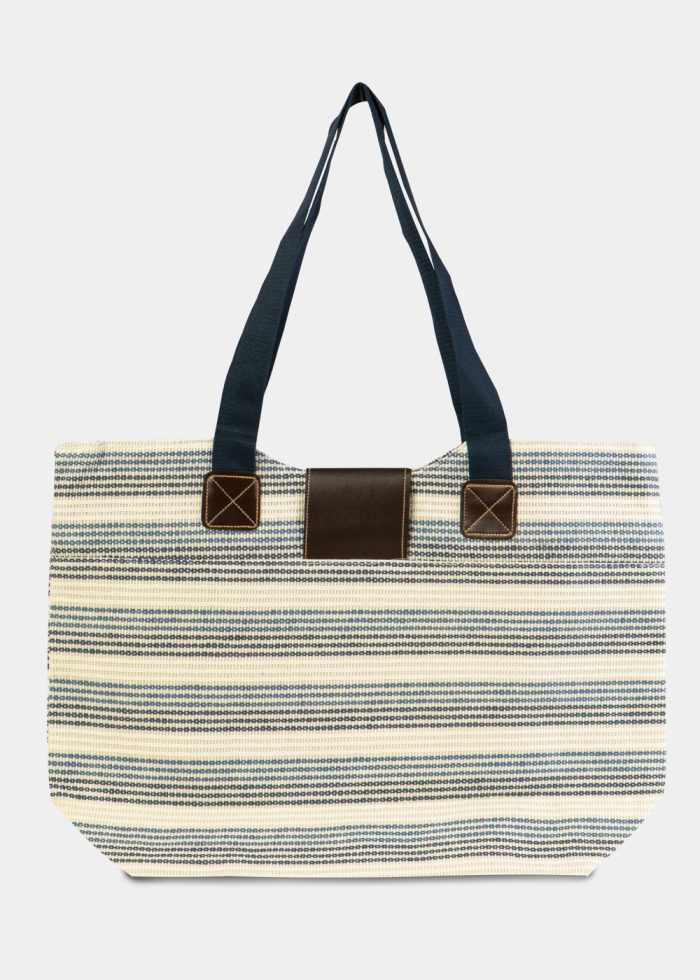 Blue Striped Beach Bag w/ Leatherette Details - Image 2