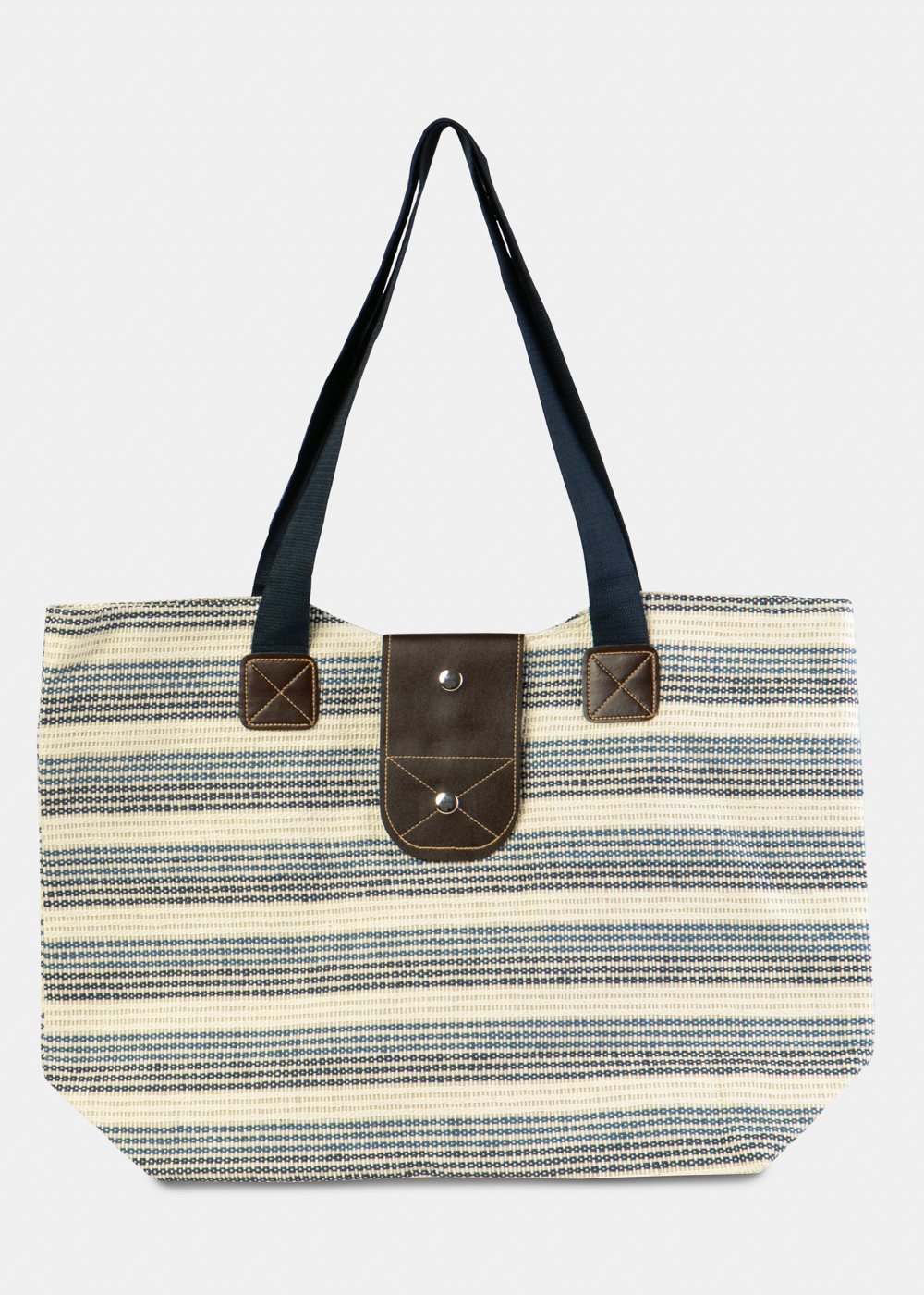 Blue Striped Beach Bag w/ Leatherette Details Blue Striped Beach Bag w/ Leatherette Details - Image 1