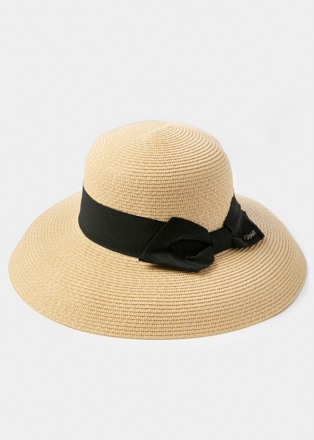 Beige Bell Straw Hat w/ Black Bow Beige Bell Straw Hat w/ Black Bow - Image 1