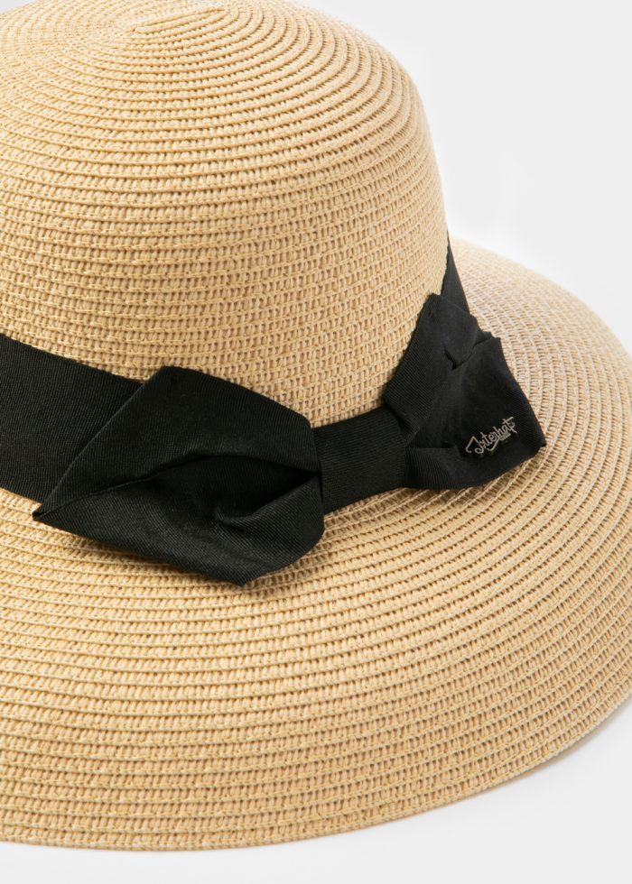 Beige Bell Straw Hat w/ Black Bow - Image 3