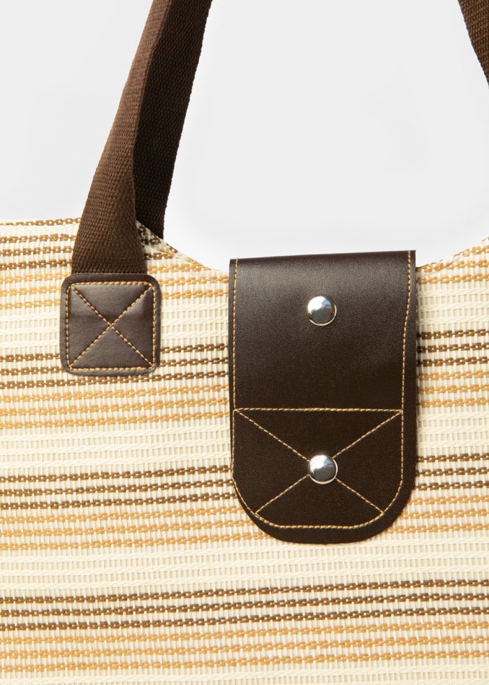 Brown Striped Beach Bag w/ Leatherette Details - Image 3